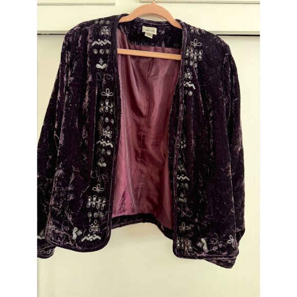 CHICOS CRUSHED VELVET PLUM PURPLE BEADED EMBELLISHED BLAZER/TANK SZ 2 WOMENS - Picture 1 of 6